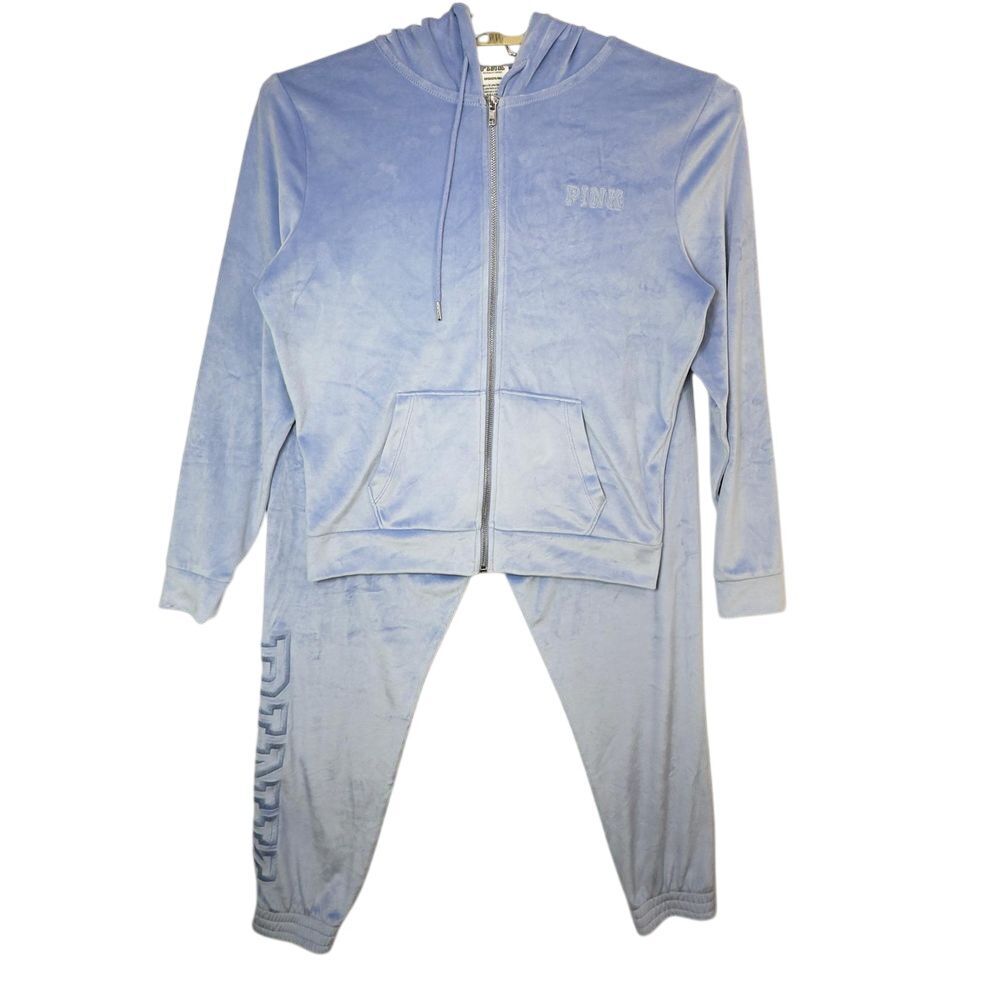 PINK Victoria's Secret Light Blue Velour Zip Hoodie & Joggers Set